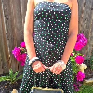 Vintage Strapless polka dot dress with crinoline black white green